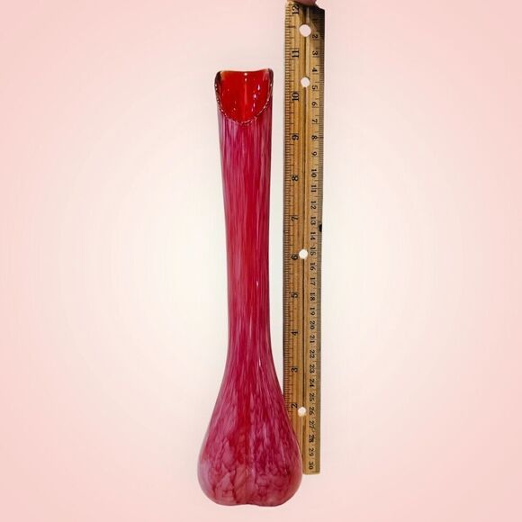 Vintage Red Glass Vase 1960's Red-Orange with White Swirls Art Glass Vase Swung - Picture 15 of 16